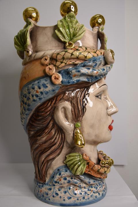 Coppia Teste di moro decoro con corona e turbante Produzione artigianale di Caltagirone h. 40 cm