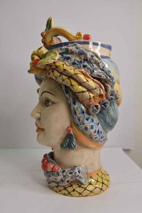 Coppia Teste di moro fichi d'india e turbante Produzione artigianale di Caltagirone  h. 31 cm
