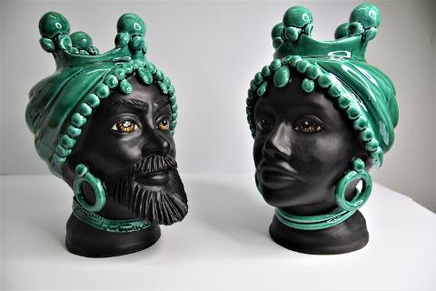 Coppia teste di moro Design moderno decoro verde ramina Produzione artigianale di Caltagirone h.25 cm