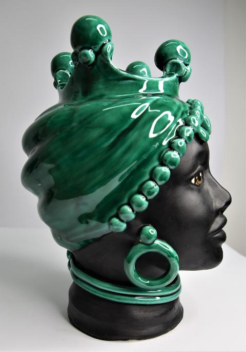 Coppia teste di moro Design moderno decoro verde ramina Produzione artigianale di Caltagirone h.25 cm