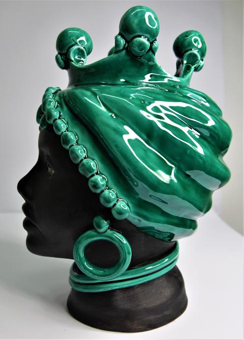 Coppia teste di moro Design moderno decoro verde ramina Produzione artigianale di Caltagirone h.25 cm