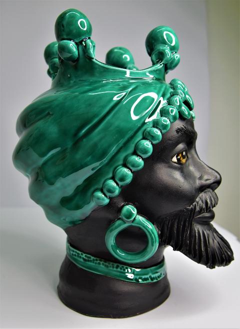 Coppia teste di moro Design moderno decoro verde ramina Produzione artigianale di Caltagirone h.25 cm
