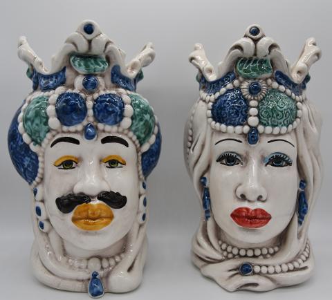 Coppia teste di moro Emiro decoro blu e verde Produzione artigianale di Caltagirone h.20cm