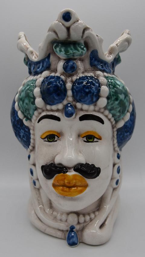 Coppia teste di moro Emiro blu/verde Produzione artigianale di Caltagirone h.20 cm