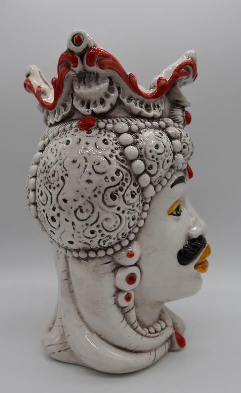 Coppia Teste di moro Emiro bianco antico/rosso Produzione artigianale di Caltagirone h.20 cm