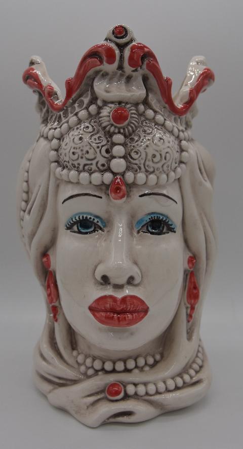 Coppia Teste di moro Emiro bianco antico/rosso Produzione artigianale di Caltagirone h.20 cm