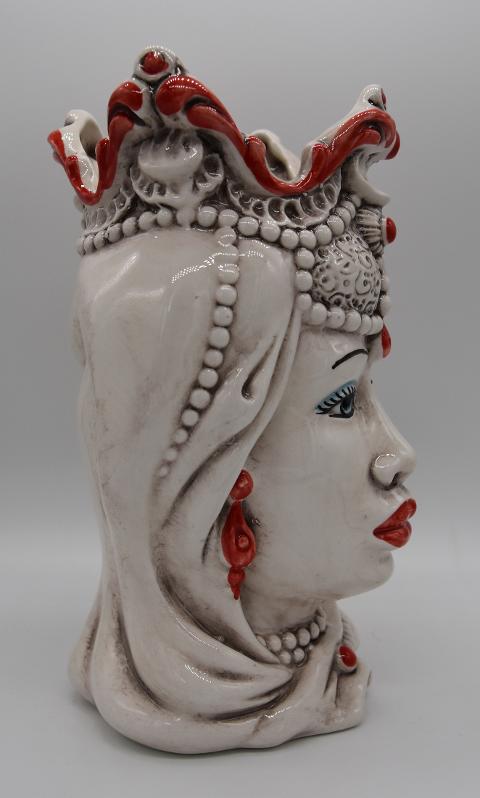 Coppia Teste di moro Emiro bianco antico/rosso Produzione artigianale di Caltagirone h.20 cm