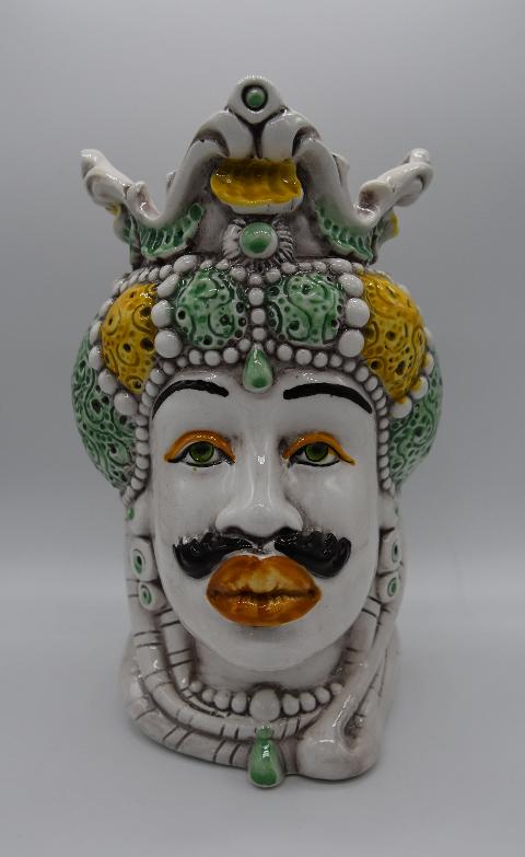 Coppia Teste di moro Emiro giallo/verde Produzione artigianale di Caltagirone h.20cm