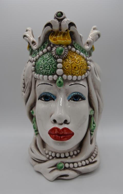 Coppia Teste di moro Emiro giallo/verde Produzione artigianale di Caltagirone h.20 cm