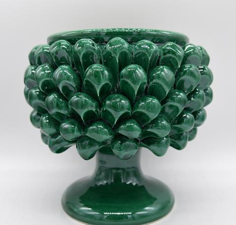 Mezza pigna h.15 cm verde ramino vaso porta pianta Produzione artigianale di Caltagirone con alzata