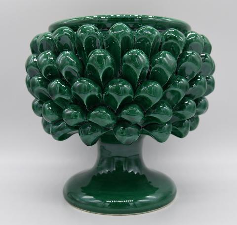 Mezza pigna h.15 cm verde ramino vaso porta pianta Produzione artigianale di Caltagirone  con alzata