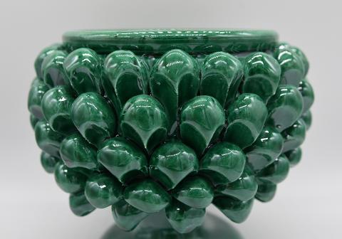 Mezza pigna h.15 cm verde ramino vaso porta pianta Produzione artigianale di Caltagirone con alzata