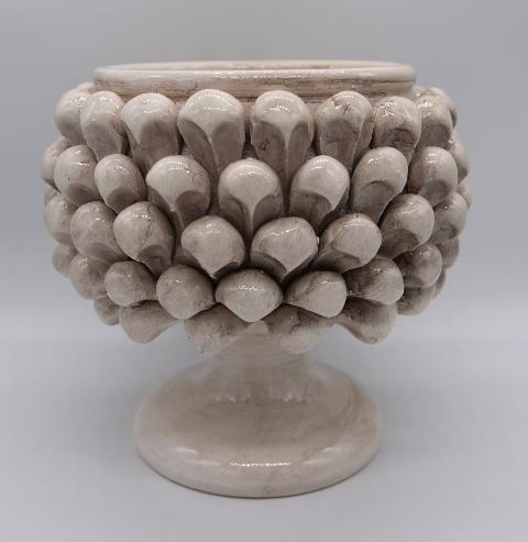 Mezza pigna h.15 cm bianco antico vaso porta pianta Produzione artigianale di Caltagirone con alzata