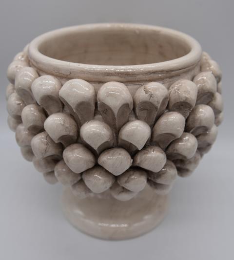 Mezza pigna h.15 cm bianco antico vaso porta pianta Produzione artigianale di Caltagirone con alzata