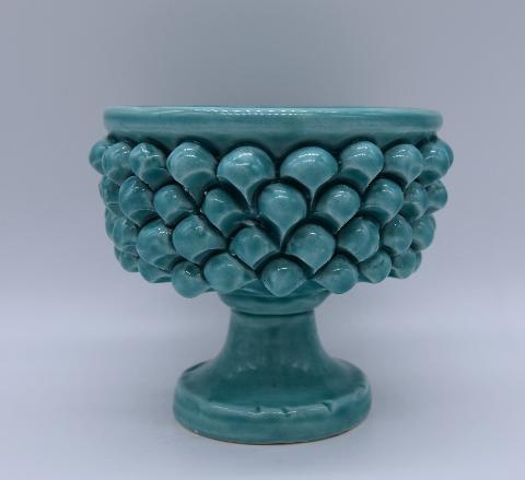 Mezza pigna h.10 cm verde tiffany vaso porta pianta Produzione artigianale di Caltagirone con alzata