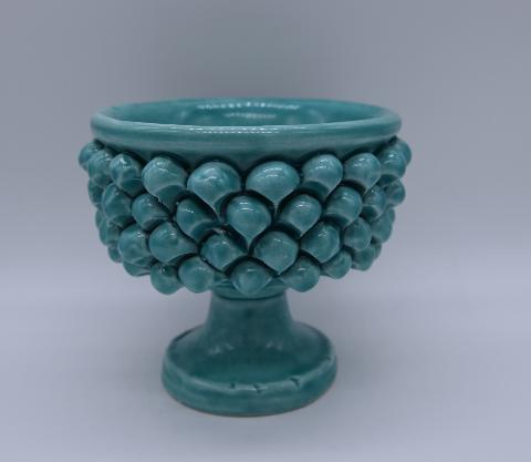Mezza pigna h.10 cm verde tiffany vaso porta pianta Produzione artigianale di Caltagirone con alzata