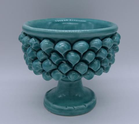 Mezza pigna h.10 cm verde tiffany vaso porta pianta Produzione artigianale di Caltagirone con alzata