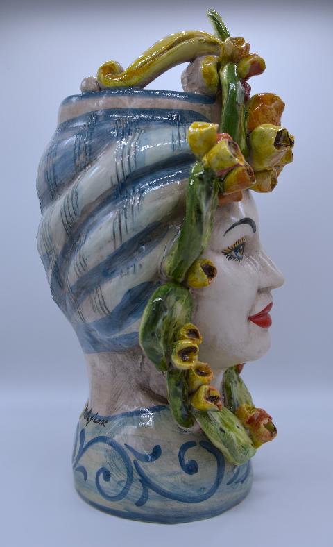 Coppia teste di moro con fichi d'india h.30 cm Produzione artigianale di Caltagirone decorate