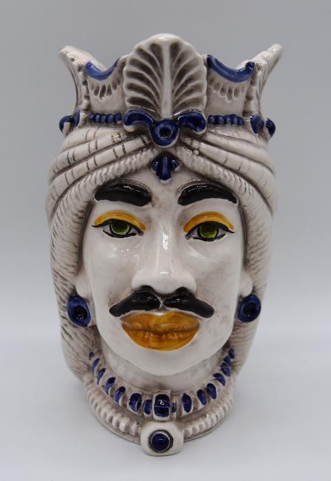 Coppia teste di moro afro decoro bianco antico e blu Produzione artigianale di Caltagirone h.13cm
