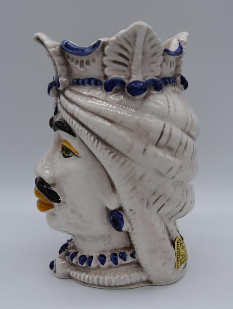 Coppia teste di moro afro decoro bianco antico e blu Produzione artigianale di Caltagirone h.13cm