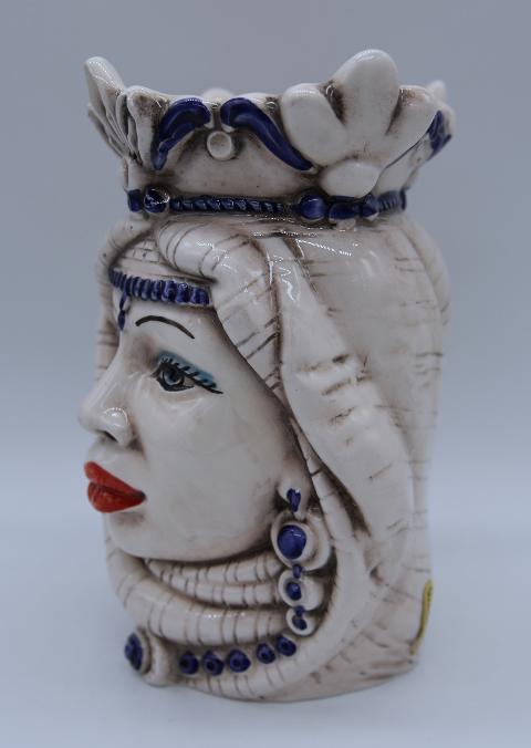 Coppia teste di moro afro h.14 cm Produzione artigianale di Caltagirone bianco antico/blu