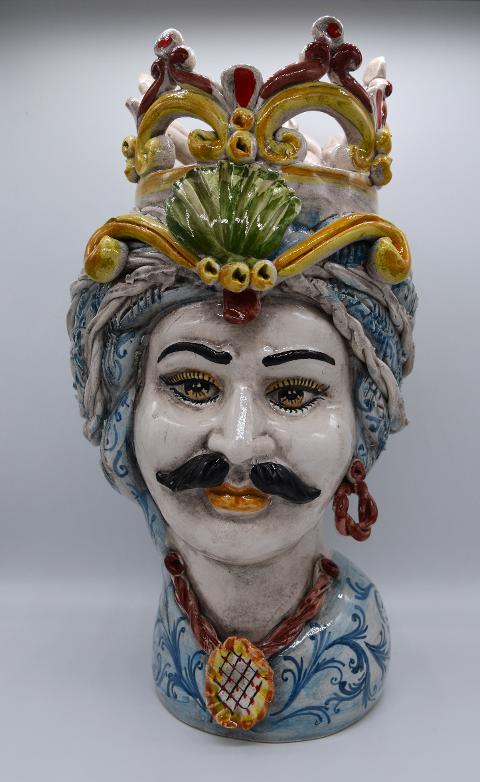 Coppia teste di moro con corona e turbante h.30 cm Produzione artigianale di Caltagirone decorate