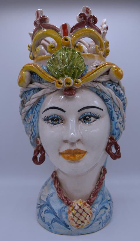 Coppia teste di moro con corona e turbante h.30 cm Produzione artigianale di Caltagirone decorate
