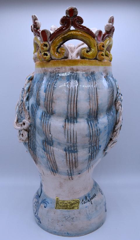 Coppia teste di moro con corona e turbante h.30 cm Produzione artigianale di Caltagirone decorate