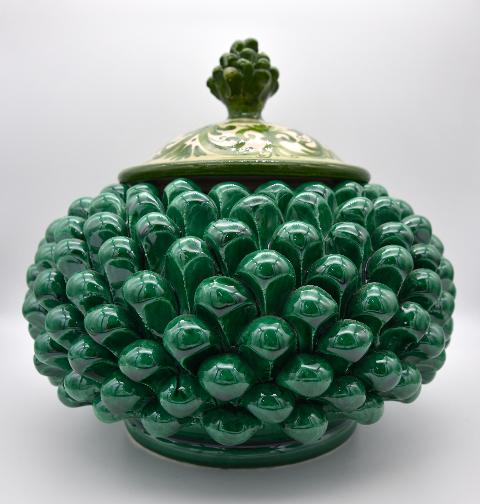 Biscottiera pigna decorata verde ramina Produzione artigianale di Caltagirone h.20 cm