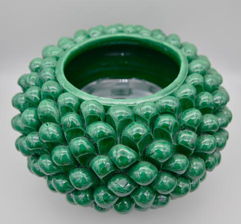 Biscottiera pigna decorata verde ramina Produzione artigianale di Caltagirone h.20 cm