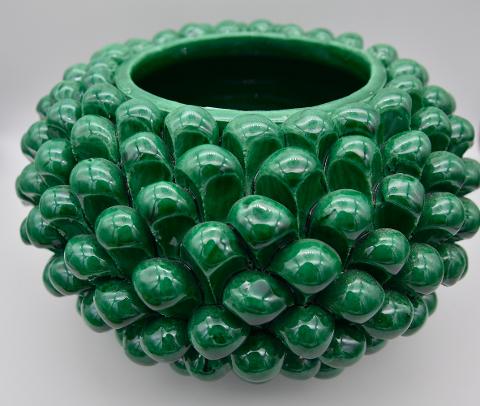 Biscottiera pigna decorata verde ramina Produzione artigianale di Caltagirone h.20 cm
