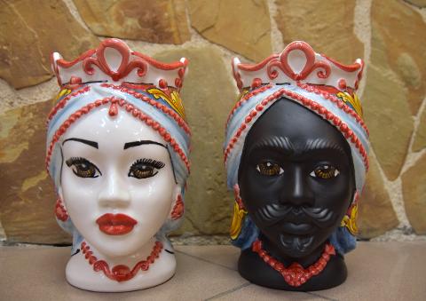 Coppia Teste di moro decoro siciliano uomo viso nero satinato Produzione artigianale di Caltagirone h.25cm