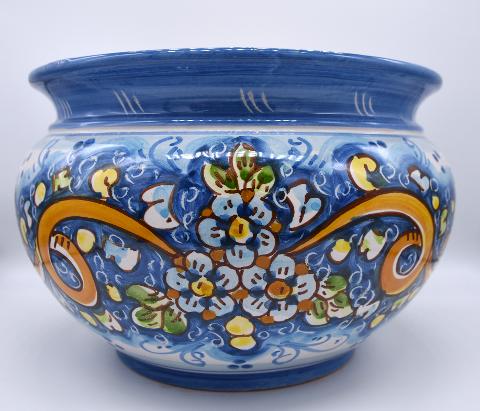 Portavaso cachepot decoro nastrino celeste in ceramica siciliana Produzione artigianale di Caltagirone Diametro 20cm