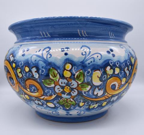 Portavaso cachepot decoro nastrino celeste in ceramica siciliana Produzione artigianale di Caltagirone Diametro 20cm