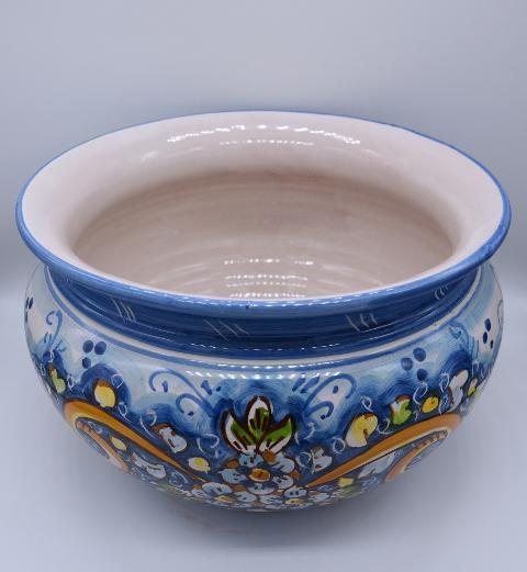 Portavaso cachepot decoro nastrino celeste in ceramica siciliana Produzione artigianale di Caltagirone Diametro 20cm