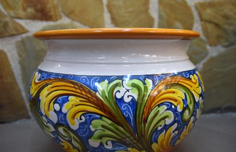 Portavaso cachepot decoro ornato fondo blu in ceramica siciliana Produzione artigianale di Caltagirone Diametro 30cm