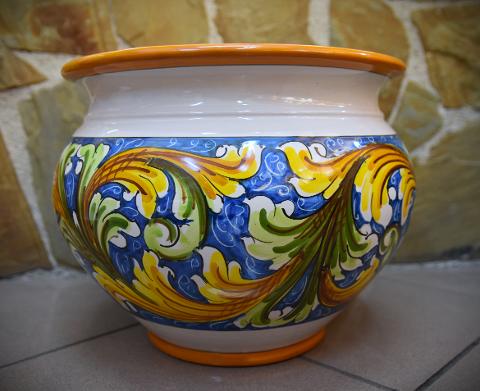 Portavaso cachepot decoro ornato fondo blu in ceramica siciliana Produzione artigianale di Caltagirone Diametro 30cm