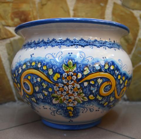 Portavaso cachepot decoro nastrino celeste in ceramica siciliana Produzione artigianale di Caltagirone Diametro 30cm