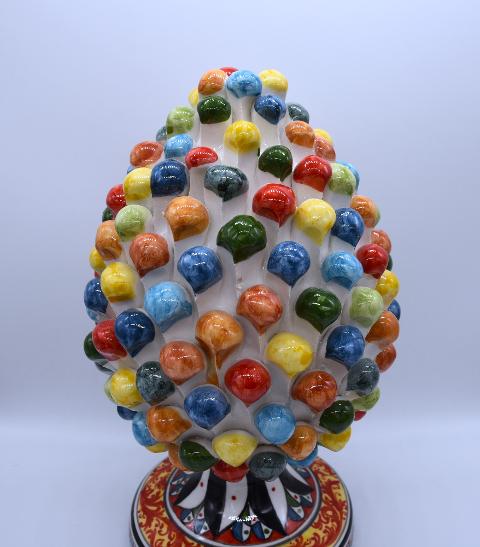 Pigna siciliana in ceramica multicolore arlecchino h.25 cm Produzione artigianale di Caltagirone con base decorata