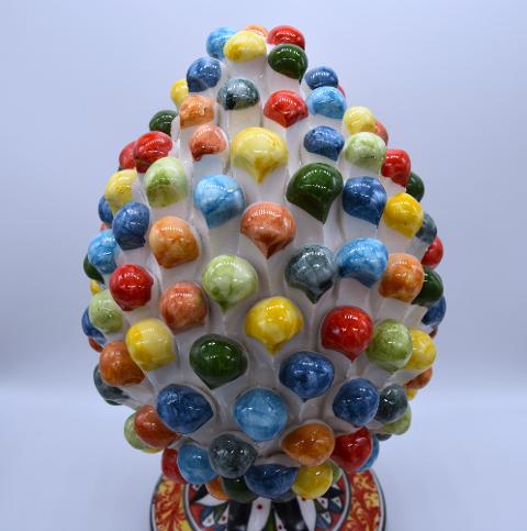Pigna siciliana in ceramica multicolore arlecchino h.25 cm Produzione artigianale di Caltagirone con base decorata