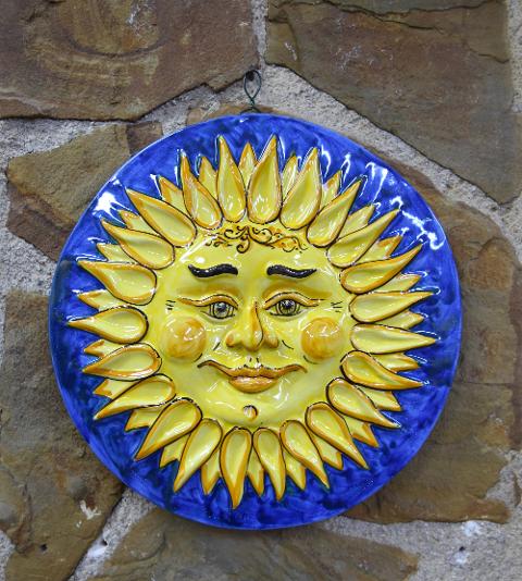 Sole in ceramica da parete blu/giallo Produzione artigianale di Caltagirone Diametro 30cm