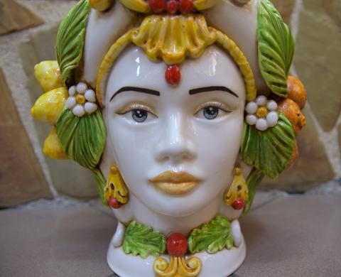 Coppia Teste di moro con frutta arance/limoni Cibele e Attis Produzione artigianale di Caltagirone h.30 cm