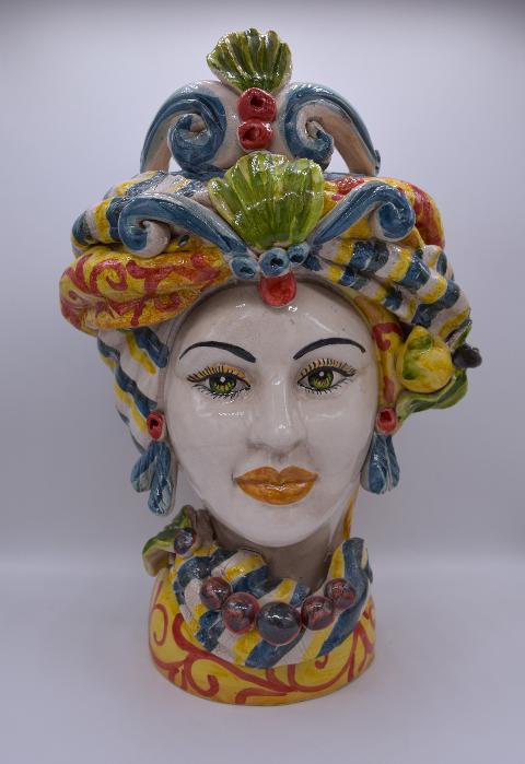 Coppia Teste di moro con limoni e turbante h.30cm Produzione artigianale di Caltagirone decorate