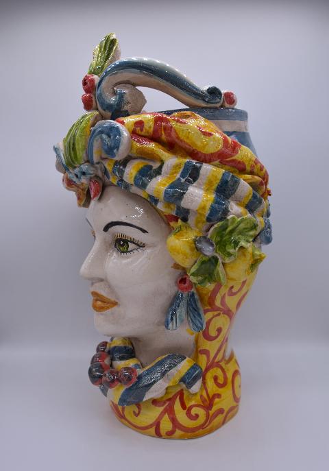 Coppia Teste di moro con limoni e turbante h.30cm Produzione artigianale di Caltagirone decorate