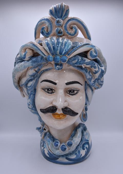 Coppia teste di moro con corona e turbante h.30 cm Produzione artigianale di Caltagirone decorate
