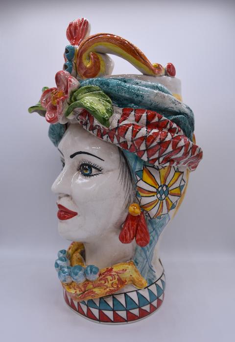Coppia teste di moro con corona e turbante h.30 cm Produzione artigianale di Caltagirone decoro siciliano