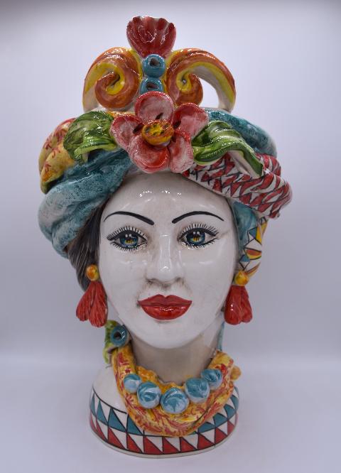 Coppia teste di moro con corona e turbante h.30 cm Produzione artigianale di Caltagirone decoro siciliano