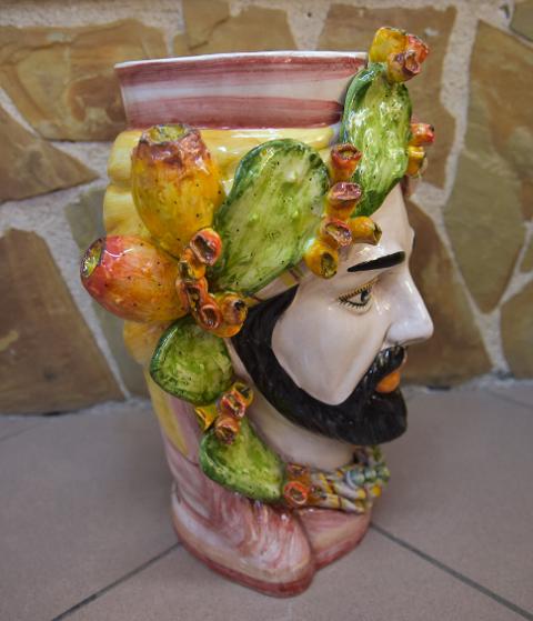 Coppia Teste di moro con fichi d'india h.40cm Produzione artigianale di Caltagirone decorate