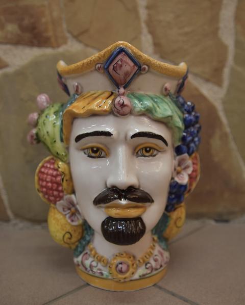 NEW Coppia teste di moro con frutta e fichi d'india moderne Produzione artigianale di Caltagirone h.25cm