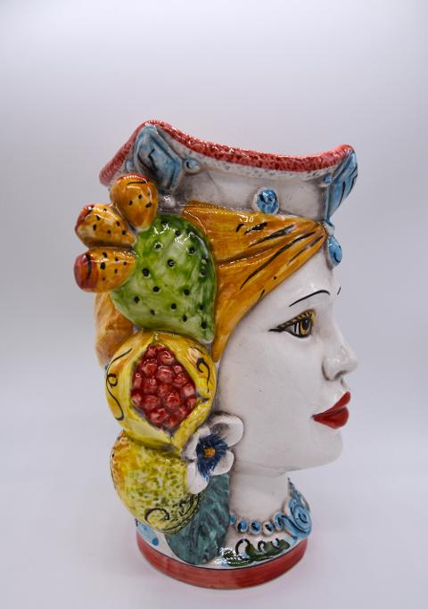NEW Coppia teste di moro con frutta e fichi d'india moderne Produzione artigianale di Caltagirone h.20cm